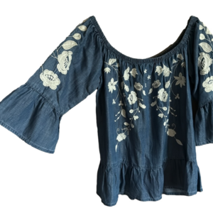 Blue Rain Boho Chic Floral Embroidered Chambray Off the Shoulder Blouse Top